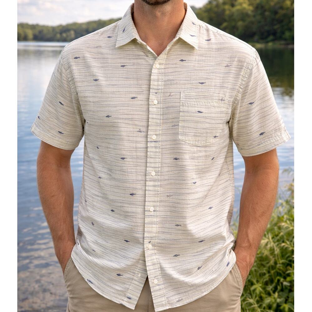 The Foundry men's S/L button down shirt f2XLT lured fish hook print striped top
